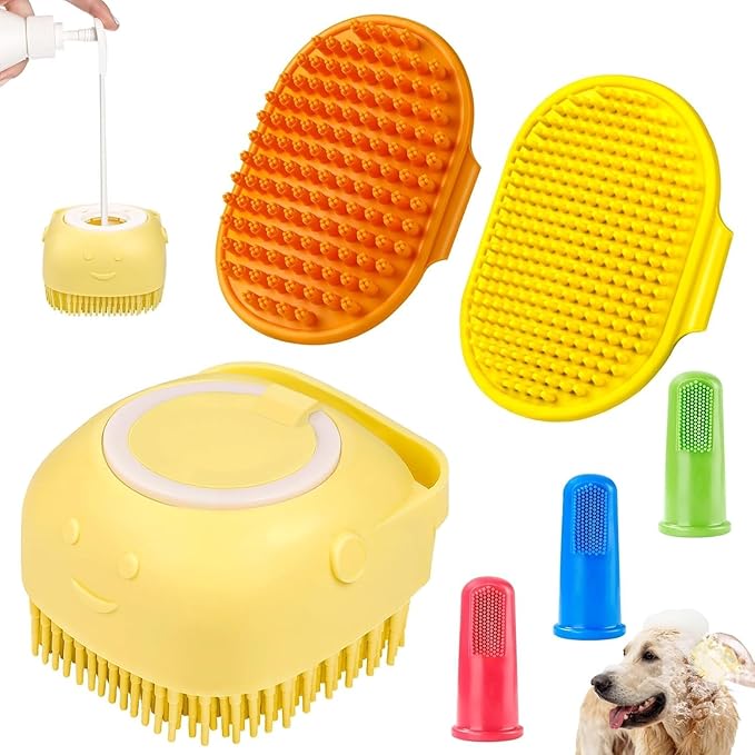 Comotech 6PCS Dog Bath Brush & Dog Toothbrush | Adjustable Handle Shampoo Brush & Scrubber for Short & Long Haired Dogs & Cats | Effectively Solve Odor & Stain Removal Problems (Orange Yellow Yellow)
