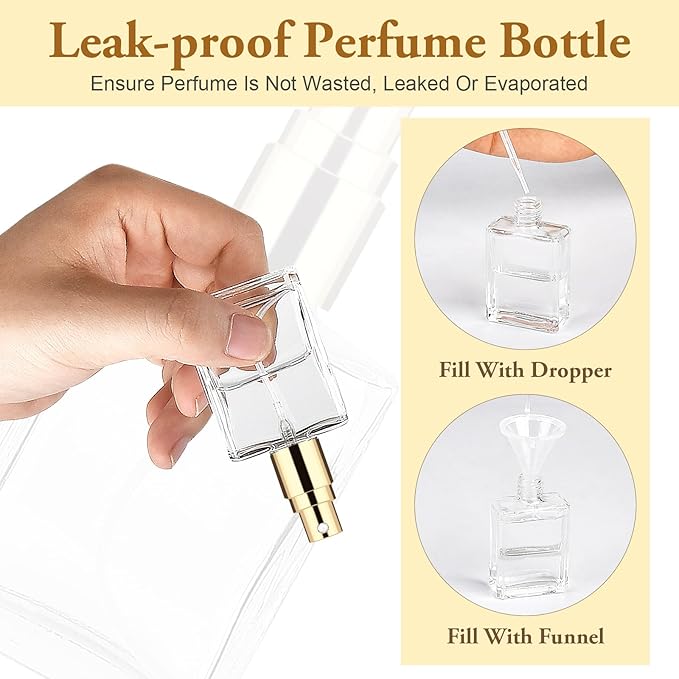 18Pcs Clear Perfume Spray Bottles,15ml Glass Perfume Atomizer,Empty Fine Mist Atomizer Sprayer, Portable Perfume Bottle with 9Droppers9 Funnels,Refillable Perfume Container for Travel(Gold)