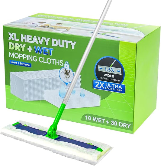 40 Count XL Heavy-Duty Dry+Wet Mop Cloths Kit for Swiffer Sweeper XL - Disposable XL Wet Pad Refills - Multi-Surface Pads Kit Includes 30 Dry Sweeping Cloths & 10 Wet Mopping Pads for Floor Cleaning