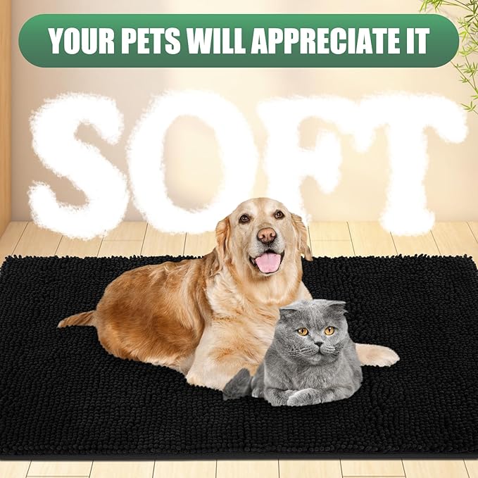 IM HOME Chenille Absorbent Outdoor Doormat 48" x 30", Washable Muddy Door Mats for Dog Non Slip Indoor Doormat Dog Mat for Muddy Paw Front Inside Doormats for Entryway Black