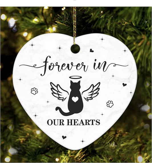 Hyturtle Cat Memorial Heart Ornament - Ceramic Pet Loss Keepsake with Angel Wings - Forever in Our Hearts Remembrance Christmas Ornament for Cat Lovers - 3 Inch Ceramic Hanging Gift Memorial 7
