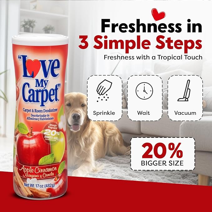 6 Love My Carpet | Carpet Deodorizer & Freshener Powder | 17 oz Pet Odor Eliminator for Strong Odor & Pet Urine | APPLE CINNAMON | Safe for Homes with Pets