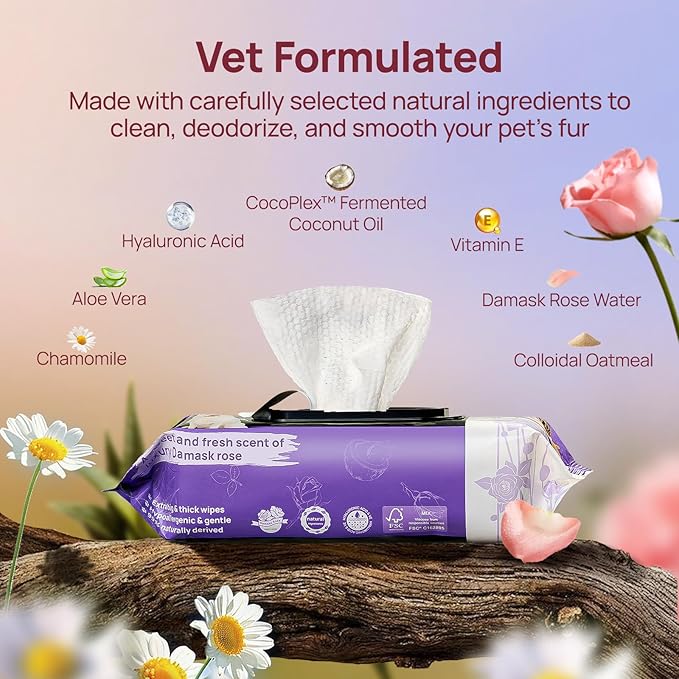 HICC PET Cleaning Deodorizing Wipes for Dogs & Cats, Vet Recommended Plant-Based Pet Grooming Wipes, Fermented Coconut Oil Grooming Paws, Body and Butt, Horse Skin, Coat & Hoof, Rose, 400 Count