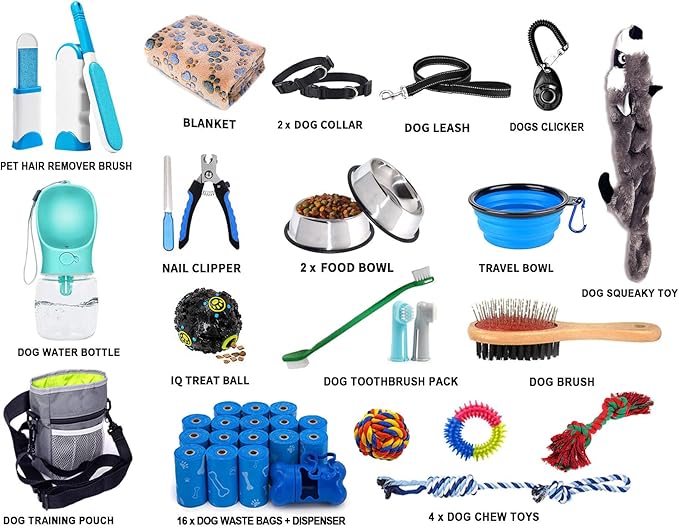 Puppy Supplies Starter Kit - 39-Piece Set of Puppy Essentials and Dog Stuff. Includes Dog Leash, Toys, Bowl, Brushes, Water Bottles,and More. Perfect Welcome Home Gift for Your New Puppies
