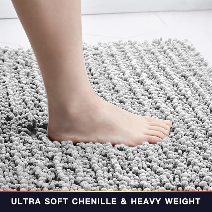 Walensee Bathroom Rug Non Slip Bath Mat (24x17 Inch Light Grey) Water Absorbent Super Soft Shaggy Chenille Machine Washable Dry Extra Thick Perfect Absorbant Best Small Plush Carpet for Shower Floor