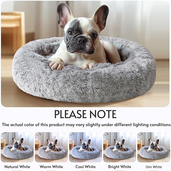 JOLLYVOGUE Small Dog & Cat Beds for Indoor Cats, Donut Cuddler Warming Soft Dog Beds with Anti-Slip Bottom, Round Calming Fluffy Plush Faux Fur Cushion Bed for Medium Dogs (31", Smoke Grey)