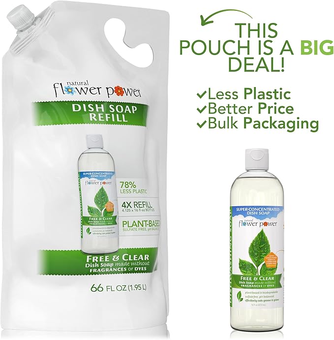 Natural Flower Power Liquid Dish Soap Refill – 66 Fl Oz Refills 4X – Plant-Based & Scented w/Pure Essential Oils – Natural Dishwashing Detergent – Sulfate-Free Kitchen Soap (Unscented)