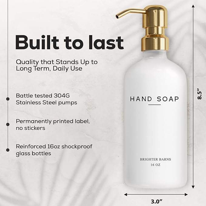 Luxury Glass Soap and Lotion Dispenser Set by Brighter Barns - Liquid Soap Dispenser Bathroom Set - White and Gold Bathroom Accessories for Vacation Rental, Airbnb, Hotel, Wedding Gift (Gold)