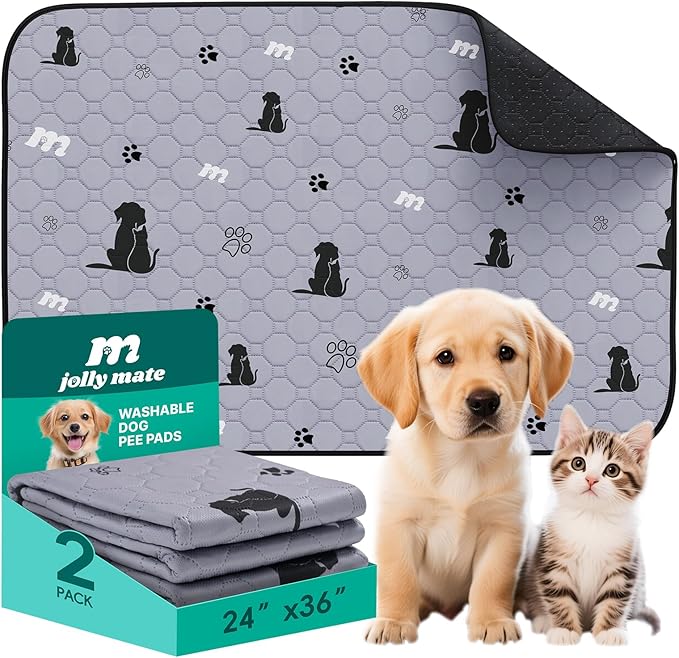 JollyMate 24"x36" Washable Pee Pads for Dogs, Ultra-Absorbent and Leak-Proof Reusable Pee Pads, Non-Slip Reusable Puppy Pads, Waterproof Dog Pee Pads, 2 Pack