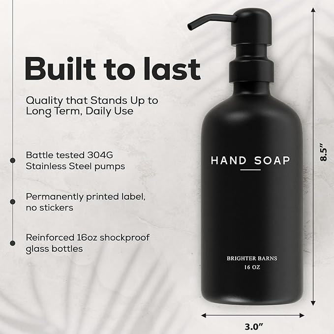 Black Glass Soap and Lotion Dispenser Set by Brighter Barns - Hand Soap Dispenser Bathroom Set - Bathroom Decor & Accessories for Restaurant, Gym, Office, Fitness Center, Hotel, Airbnb, Spa (Black)