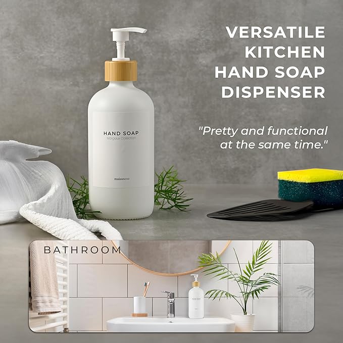 MaisoNovo Glass Hand Soap Dispenser | Dish Soap Dispenser for Kitchen | 16.9oz White Bottles with White Bamboo Pump | Bathroom Lotion Dispenser
