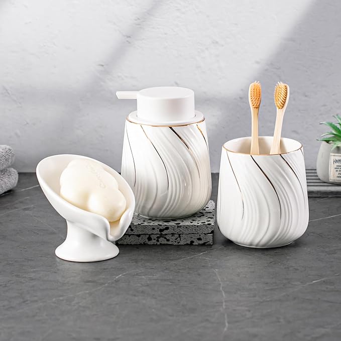 Foam Hand Soap Dispenser - 13.5 oz Ceramic foaming Hand soap Dispenser with Easy-to-Press Pump for Bathroom refillable Liquid Hand soap Dispenser (Foam-White with Gold Thread)