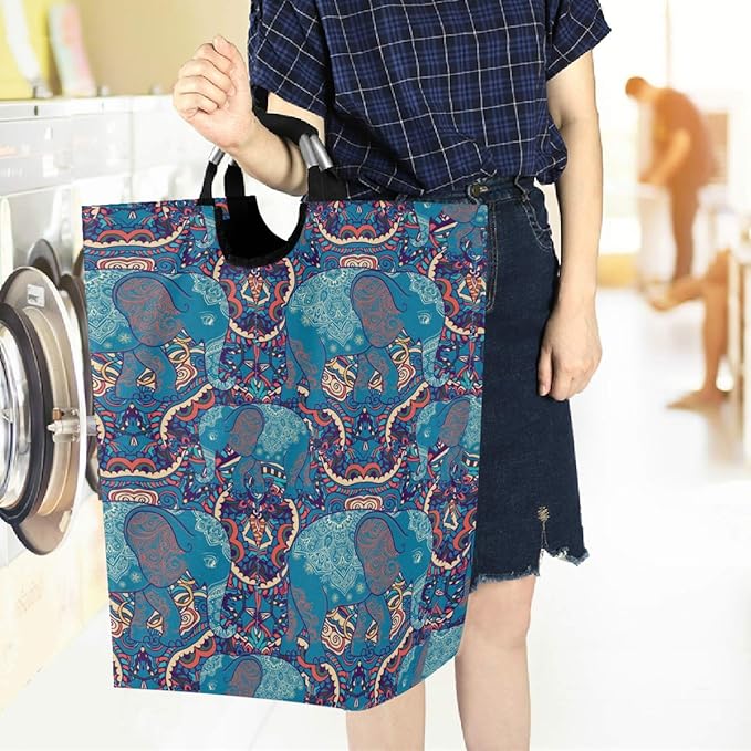 visesunny Vintage Elephant Animal Large Laundry Bag Collapsible Oxford Fabric Laundry Hamper Foldable Portable Laundry Basket with Handles for Bathroom, Bedroom, Home