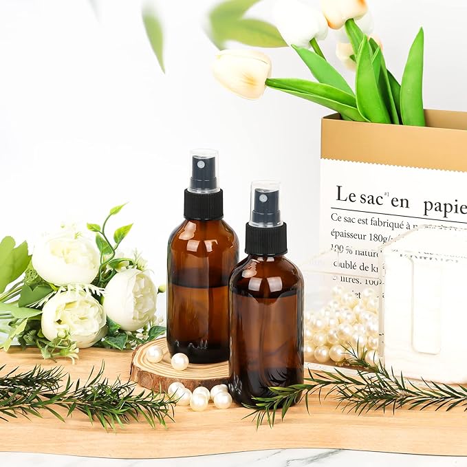 CycleMore 25 Pack 4oz Amber Glass Spray Bottles with Fine Mist Sprayers, Glass Travel Bottles for Cosmetic Essential Oils Cleaning Solutions Perfumes & More Liquids Ideal GIft
