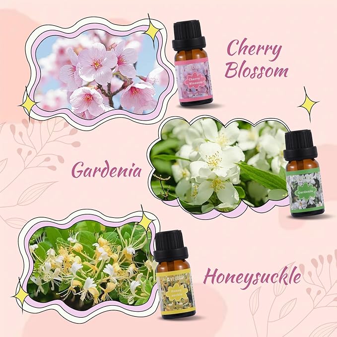 Floral Fragrance Oils Set, Premium Essential Oils Set for Diffuser, Candle, Soap Making Scented Oils, Cherry Blossom, Jasmine, Freesia, Honeysuckle, Rose, Gardenia, 6x10ml
