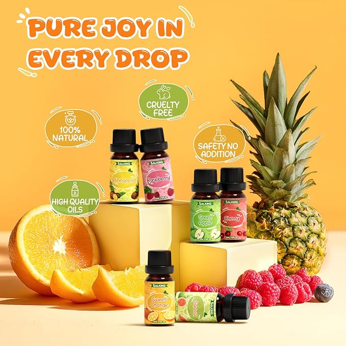 SALKING Fruity Fragrance Essential Oils Set, Essential Oil Gift Set Scented Oils for Diffuser Candle Making - Pineapple,Guava, Raspberry, Green Apple, Orange, Cherry