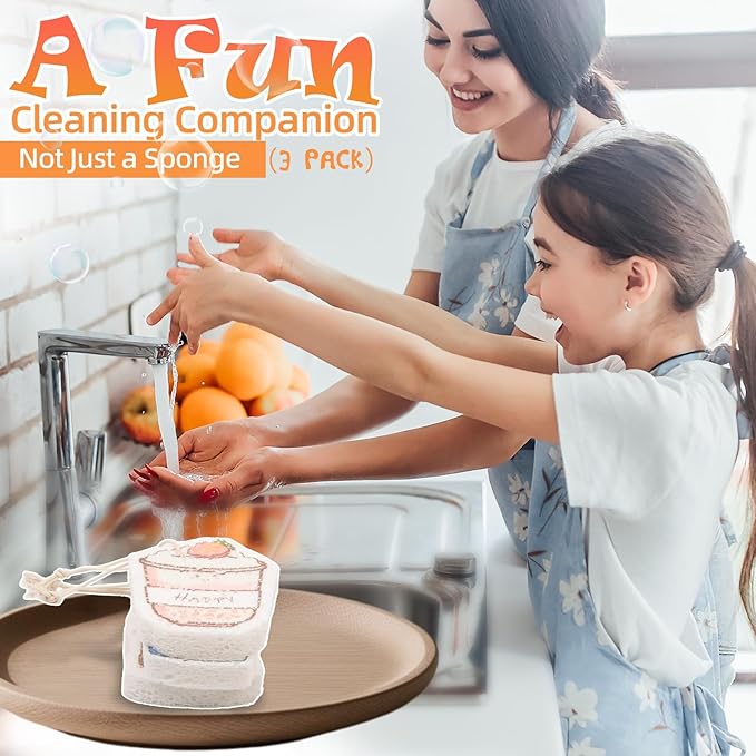 3 Pcs Compressed Wood Pulp Cotton Sponges with Hanging String, Bulk Cleaning Sponges for Dishes Kitchen Bathroom, Non-Scratch Durable and Absorbent Design, Cute Drink-Shaped