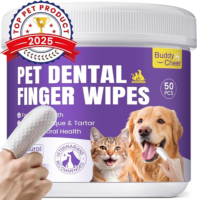 No-Rinse Dog Dental Care Wipes, Cat & Dog tooth brushing kit, Dog Wipes for Pet & Cat Teeth Cleaning, Dog toothbrush Finger Dental Wipes to Remove Plaque & Tartar, Disposable Dog Wipes - 50 Count
