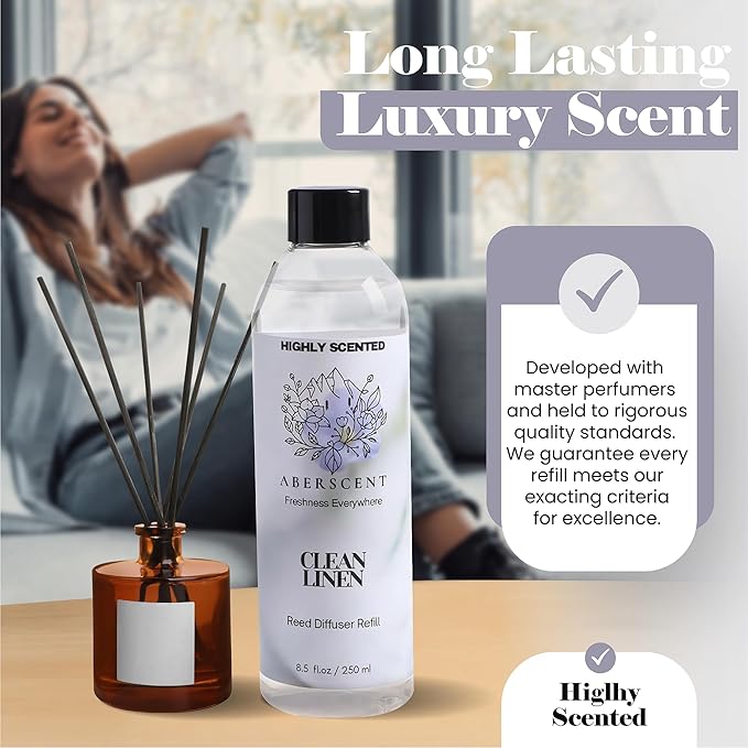Clean Linen Aberscent Premium Reed Diffuser Oil Refill (8.5 Fl Oz/250ml) – Long-Lasting Fragrance Oil for Home, Office & Spa – Relaxing Scent, Luxury Hotel-Style Aroma