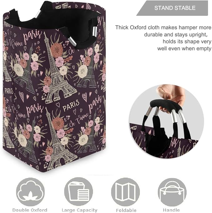 visesunny Vintage Paris Large Laundry Hamper with Handle Foldable Durable Clothes Hamper Laundry Bag Toy Bin for Bathroom, Bedroom, Dorm, Travel