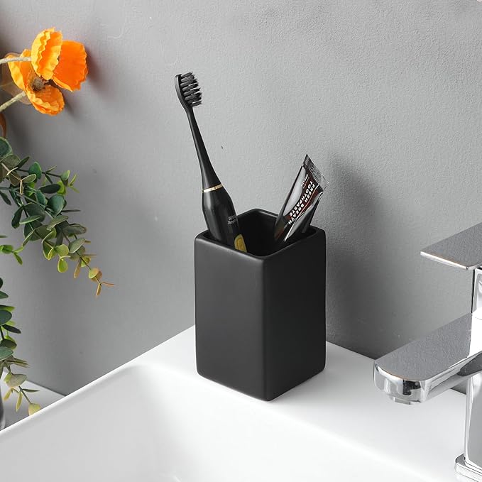 Ceramic Black Square Toothbrush Holder for Bathrooms - 1 Cup Square Toothbrush Toothpaste Holders, Bathroom Tumbler Cup Reusable Toothbrush Mouthwash Cup, Bathroom Counter Organizer.