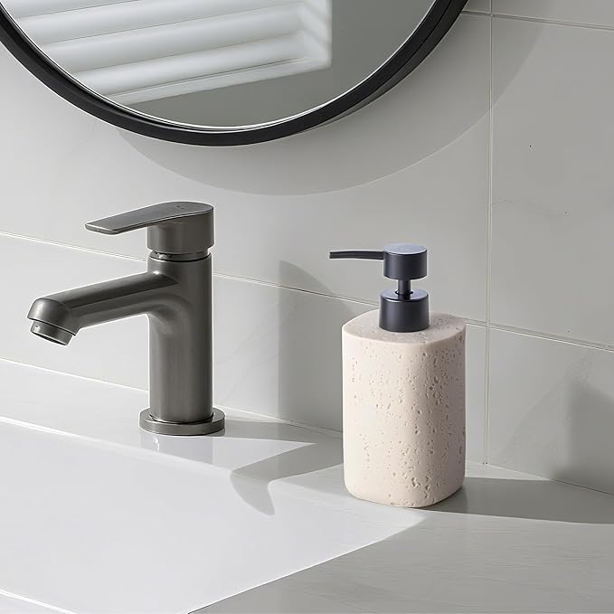 2 Pack Beige Resin Soap Dispensers, Refillable Liquid Lotion Dispenser Bottles with Travertine-Look for Bathroom and Kitchen Countertop, Modern Stone Texture (10.8 oz)