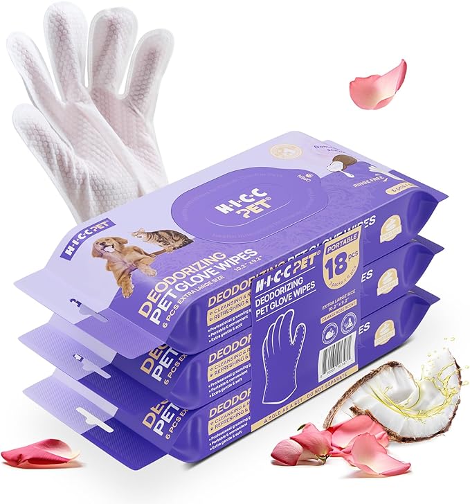 HICC PET Cleaning Deodorizing Glove Wipes for Dogs & Cats, Vet Recommended Hypoallergenic Hydrating & Nourish Fur Pet Grooming Glove Wipes, Pet Bathing Wipes for Horse Coat Care