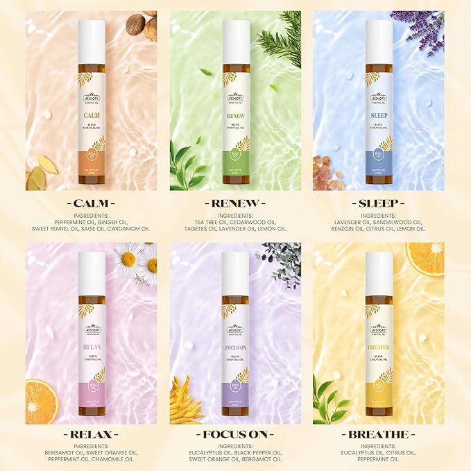 Essential Oils Roll On Set(Calm, Relax, Breathe, Focus on, Sleep, Renew), Natural Aromatherapy Oil Blend Kit with Roller Ball for Massage, Body Skin Care, Home, Relaxation Gift for Women & Men