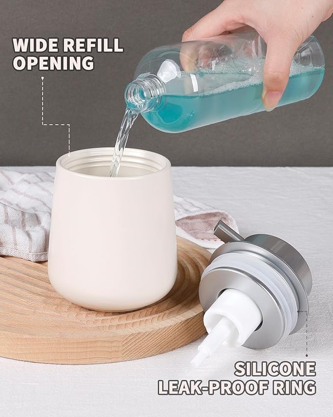 Bosilunlife Ceramic Foaming Soap Dispenser - Beige & Grey 12 oz Foam Hand Wash Dispenser Bathroom Countertop Kitchen Dish Soap Pump Dispenser Foam Soap Dispenser for Bathroom