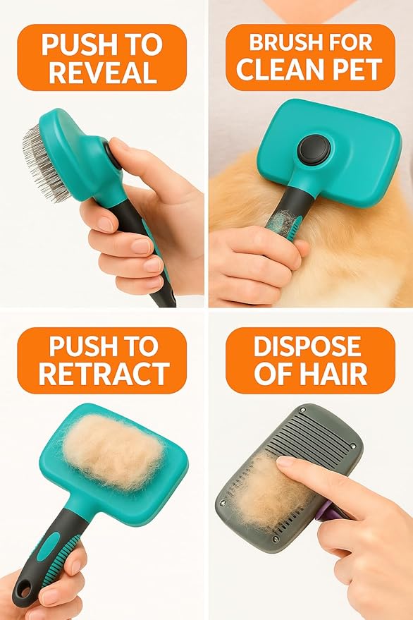 Self-Cleaning Pet Grooming Brush for Dogs & Cats – Gentle Silicone Tips Remove Loose Hair, Mats & Tangles – Comfortable Anti-Slip Grip