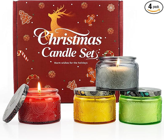 Christmas Scented Candles Gift Set - Holiday Soy Wax Candles with Festive Scents - Christmas Tree, Fireplace, Cinnamon, Mulled Wine - Great Gifts for Women, Home Decor, 4 Pack