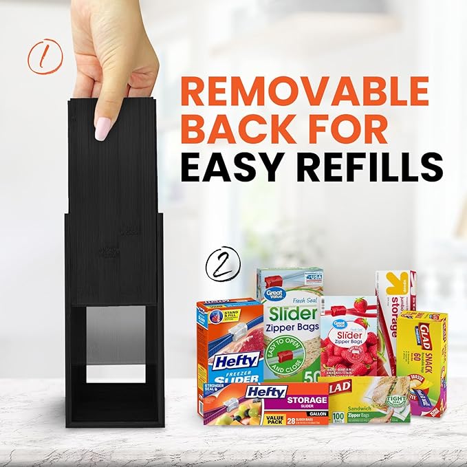 Bag Storage Organizer - Bamboo Food Plastic Baggie Holder, Dispenser, and Container for Kitchen Drawer - Fits Major Brand's Gallon, Quart, Sandwich & Snack Sized Slider Bags (Black)