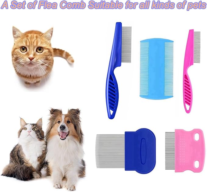 5 Pack Flea Lice Comb,Stainless Steel Dog Cat Grooming Combs with Rounded Teeth,Double Sided Professional Pet Tear Stain Remover,Dematting Tool for Small, Ideal for all pet