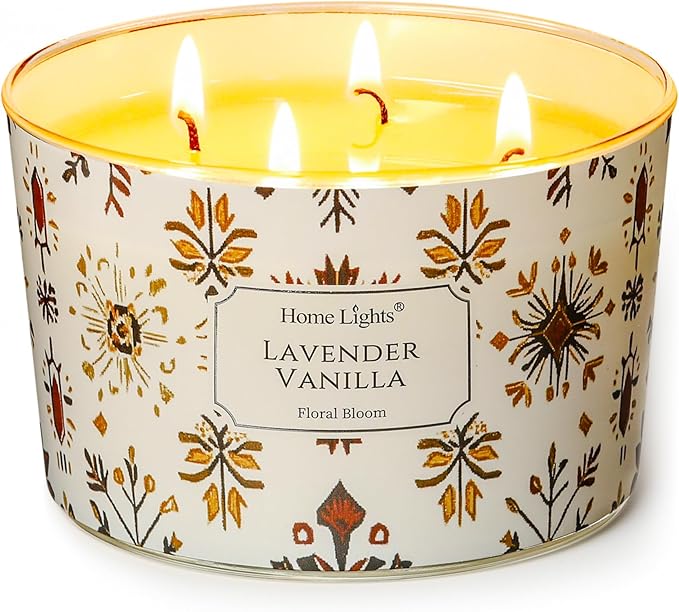 HomeLights Large jar Candle | 4-Wick Long-Lasting Scented Candles, 18oz Natural Soy Wax Candle for Home Scented, Bohemian Natural Textures Gifts for Women & Men, Lavender Vanilla