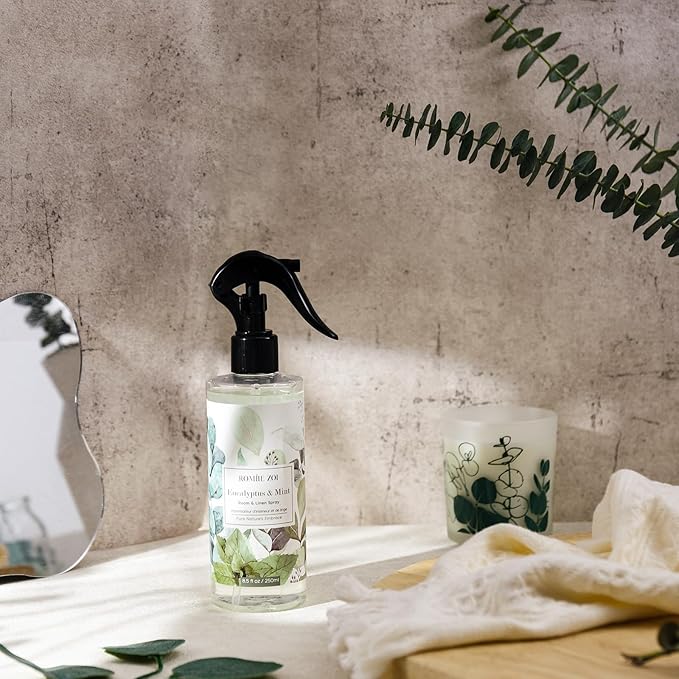 ROMIIE ZOI Linen & Room Air Freshener Spray Room Mist, with Natural Plant Extract, Eucalyptus & Mint Scent, 8.5 FL OZ.