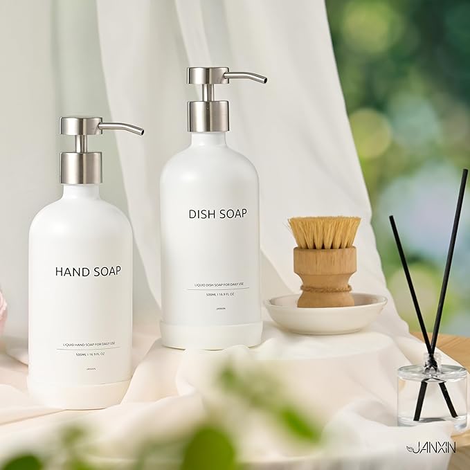 Kitchen Soap Dispenser Set with Non-Slip Protective Silicone Pad,Hand Soap Dispenser for Kitchen and Bathroom Decor, White and Silver Kitchen Accessories (White Bottles + Silver Pumps)