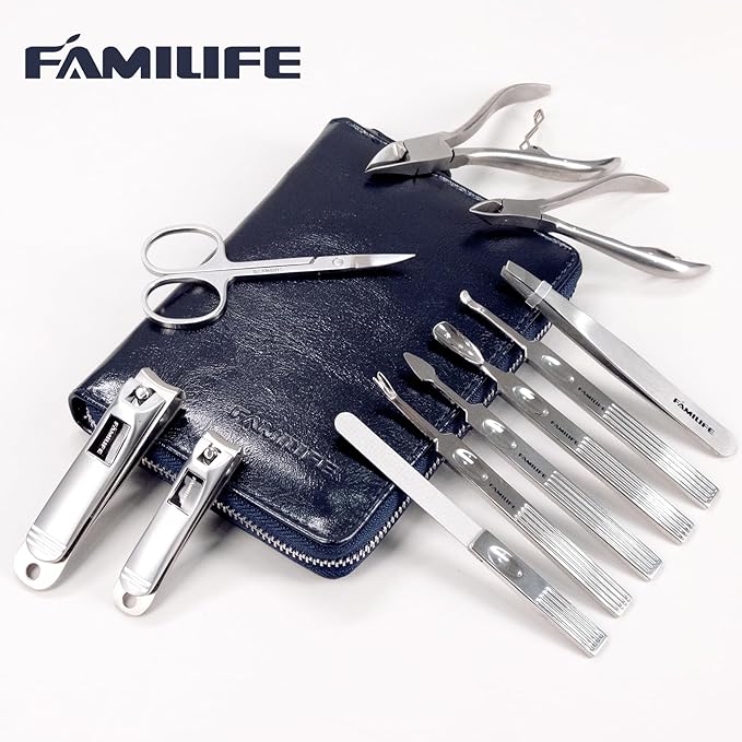Manicure Kit, FAMILIFE Professional Manicure Set Nail Kit, 11 in 1 Stainless Steel Nail Clippers Set for Men Pedicure Kit, Men Grooming Kit with Portable Blue Leather Travel Case Luxury Gifts for Him