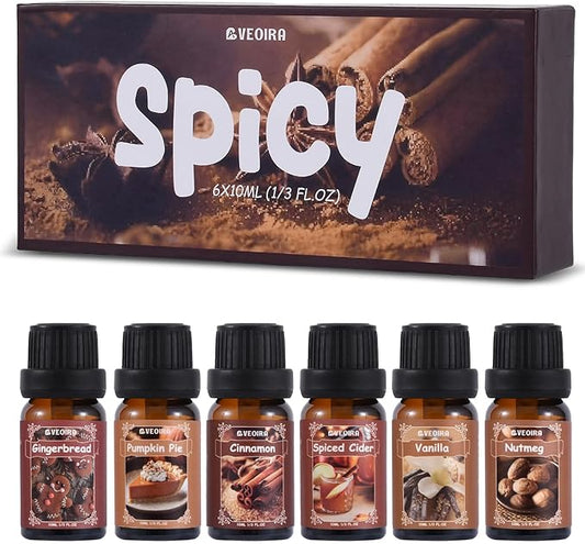 Spice Fragrance Oils Set, AVEOIRA Fall Essential Oil Set for Diffuser, Candle, Soap Making, Nutmeg, Pumpkin Spice, Vanilla, Cinnamon, Spiced Cider, Gingerbread, Scented Oils, 6x10ml