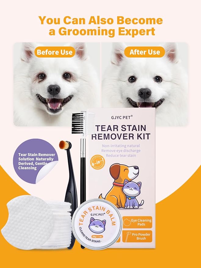 Eye Lube Plus Tear Stain Remover for Dogs and Cats – Upgraded 4 in 1 Eye Cleaning Care Set [New & Improved] with Balm, Comb, Brush & Cotton Pads – Gently Helps Clean & Reduce Stains