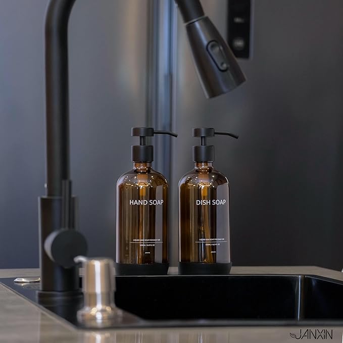 Soap Dispenser Set with Non-Slip Protective Silicone Pad,Hand Soap Dispenser for Bathroom Decor, Amber Kitchen Accessories (Amber Bottles + Black Pumps)