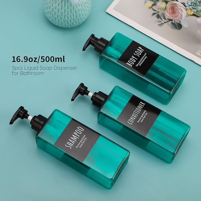 16.9oz Shampoo Conditioner Bottles, Segbeauty 3pcs 500ml Pump Press Dispenser with Labels, Empty Refillable Shampoo Body Soap Conditioner Gel Plastic Bathroom Press Lotion Containers Light Sea Green