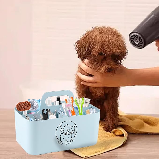 Dog Storage Organizer for Grooming Supplies,Portable Caddy Organizer for Pet Stuff,Divided Storage Bin for Dog Cat Grooming Kit,Dog Stuff Organizer with Handle for Shampoo,Clipper,Comb-Blue