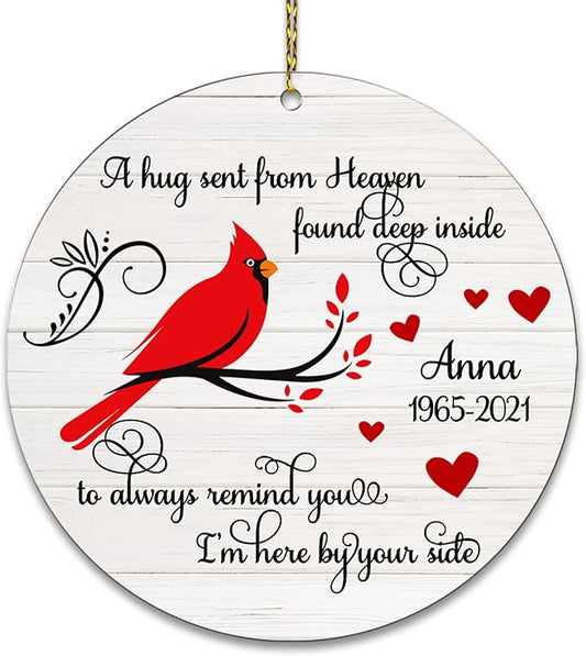 HYTURTLE Personalized Memorial Sympathy Christmas Ornament Tree Decor Gifts for Family Loss of Loved One Mom Dad in Heaven - Cardinal Hug Heaven Side Custom Name Circle Ornament