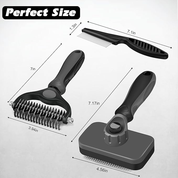 3PCS Self Cleaning Slicker Brush & Pet Grooming Rake & Flea Comb for Dogs,Cats and Horses | Double-Sided Dematting Comb & Skin Friendly Deshedding Grooming Tool | Premium Pet Supplies（Gray Black)