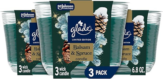 Glade 3-Wick Scented Candle Jar, Balsam & Spruce, Air Freshener Infused with Essential Oils, 6.8 Oz, 3 Count