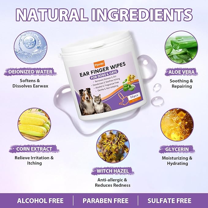 Dog Ear Cleaner Finger Wipes, Ear Finger Wipes for Dogs & Cats, Gently Remove Ear Wax, Debris, Sooths & Deodorizes, Relieve Ear Itching, Pet Ear Wipes with Aloe Vera & Witch Hazel - 50 Count