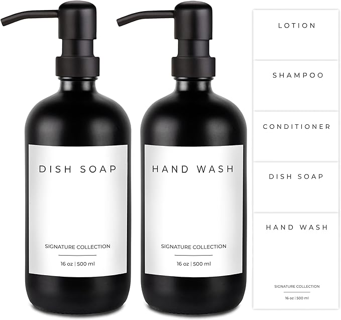 Emerson Essentials Soap Dispenser Set, Dish Soap for Kitchen, Bathroom Set - Hands and Dishes for Home, Farmhouse, Glass Soap Dispenser with Pump and Labels | 16 Oz, 2 Pack