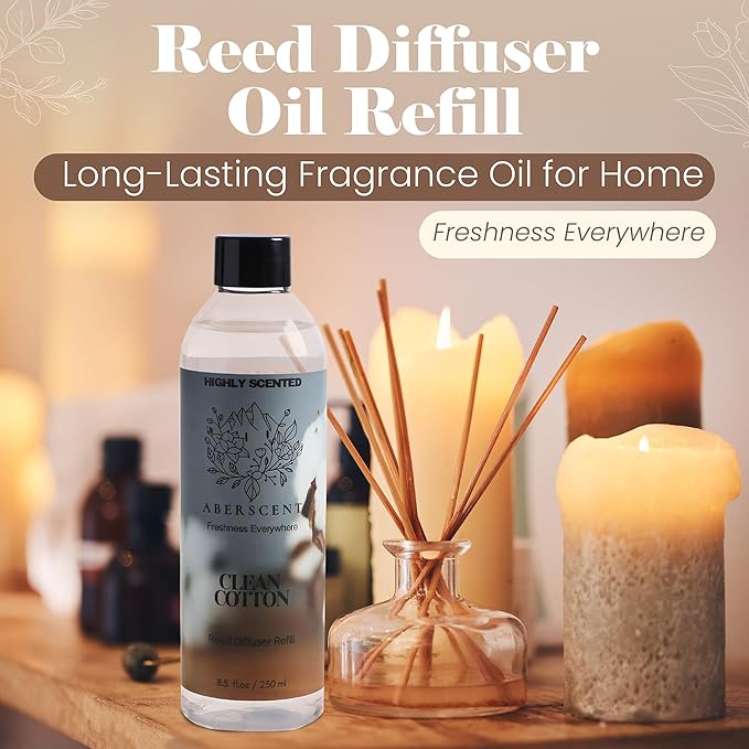 Clean Cotton Aberscent Premium Reed Diffuser Oil Refill (8.5 Fl Oz/250ml) – Long-Lasting Fragrance Oil for Home, Office & Spa – Relaxing Scent, Luxury Hotel-Style Aroma