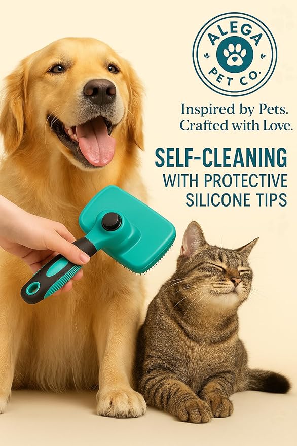 Self-Cleaning Pet Grooming Brush for Dogs & Cats – Gentle Silicone Tips Remove Loose Hair, Mats & Tangles – Comfortable Anti-Slip Grip