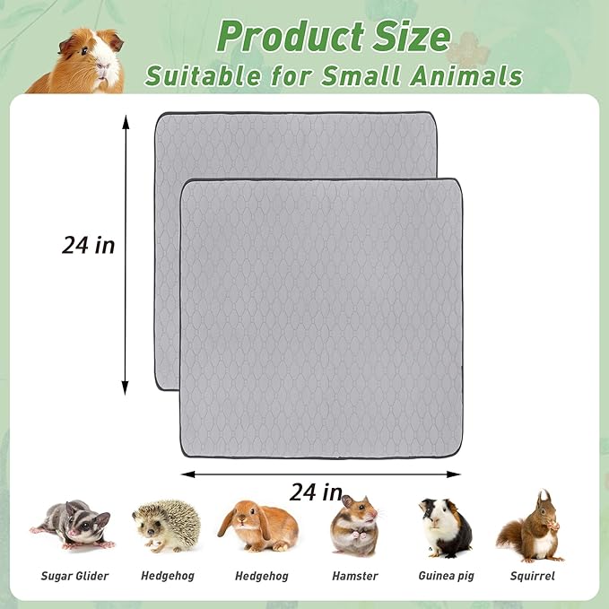 2 Pack Guinea Pig Cage Liners, 24'' X 24'' Washable Guinea Pig Pee Pads, Non Slip Reusable Super Absorbent Guinea Pig Training Mat Bedding Fleece for Small Animals Hamster Rabbit Chinchilla Rat